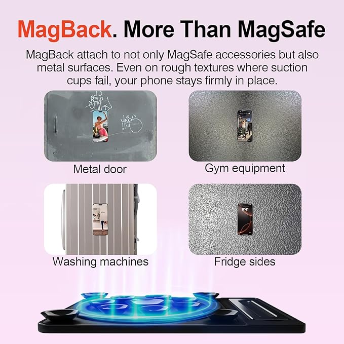 SEMBO Silicone Suction Phone Case Adhesive Sticky Grip Stand with Mag-Back for MagSafe Car/Wall Mounts, Strong Magnetic Holder for Fridge, Gym Equipment, Shower, Hands-Free Selfie (Black, Adhesive)