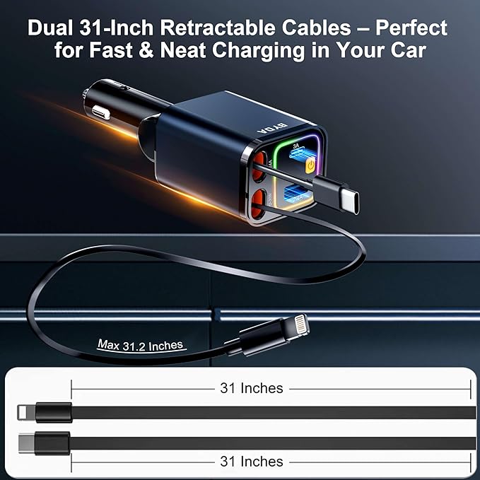 4 in 1 Retractable Car Charger,69W USB-C Fast Car Charger, for iPhone 17/16/15/14/13/12/11, Android,Pixel,Cigarette Lighter Charger (for Type C+Apple &RGB[Grey])