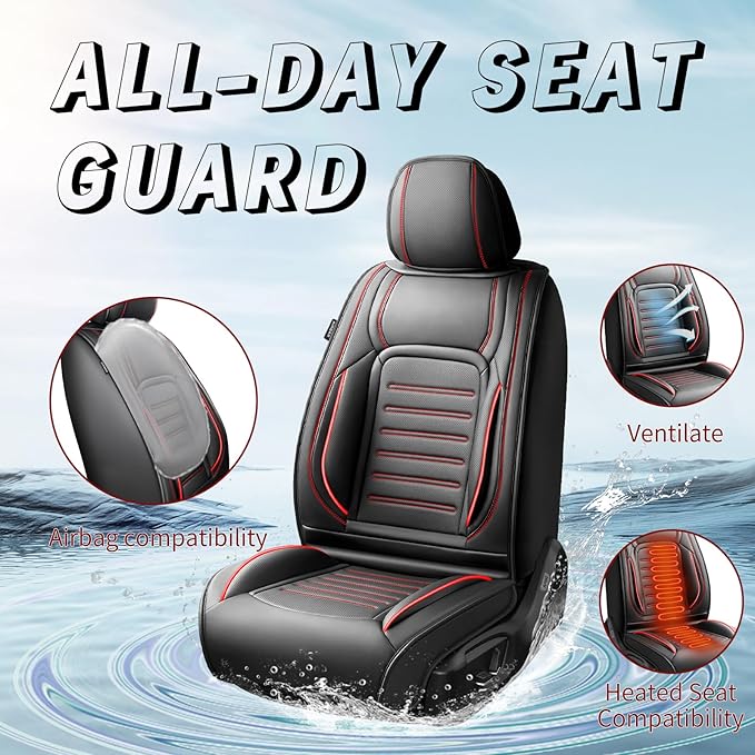 Fit Tucson Premium Leather Car Seat Covers Compatible with Hyundai Tucson 2010-2024 2026, Breathable, Wear Resistant, Airbag Compatible, All-Weather & Full Coverage, 2 Front Seat Red Line Black
