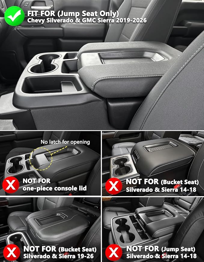 KBH Center Console Armrest Cover for Chevy Silverado & GMC Sierra 2019 2020 2021 2022 2023 2024 2025 2026, Middle Console Lid Protective Covering, Vinyl Leather, Black (Fits Jump Seat Console Only)