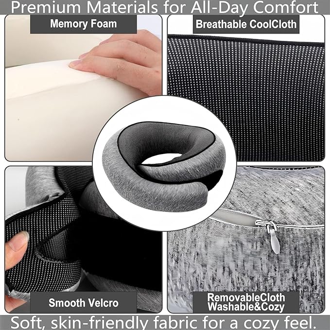 Travel Neck Pillow for Airplanes, Memory Foam with Chin Support, Ergonomic 360 Degree Cervical Support for Plane/Car/Train/Office (Dark Grey)