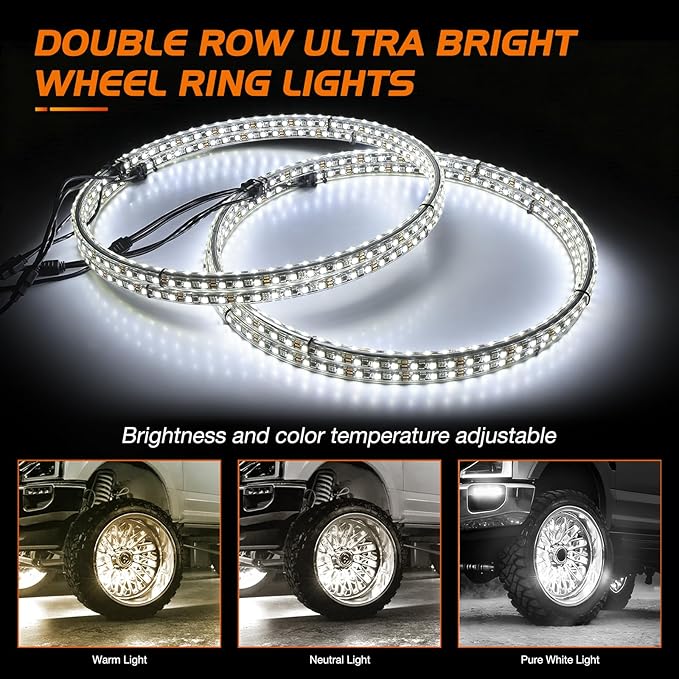 Nilight 4PCS 17inch Double Row LED Wheel Ring Lights Pure White with Remote Control w/Turn Signal Braking and Reverse Function Dual Row for Car Van SUV Truck