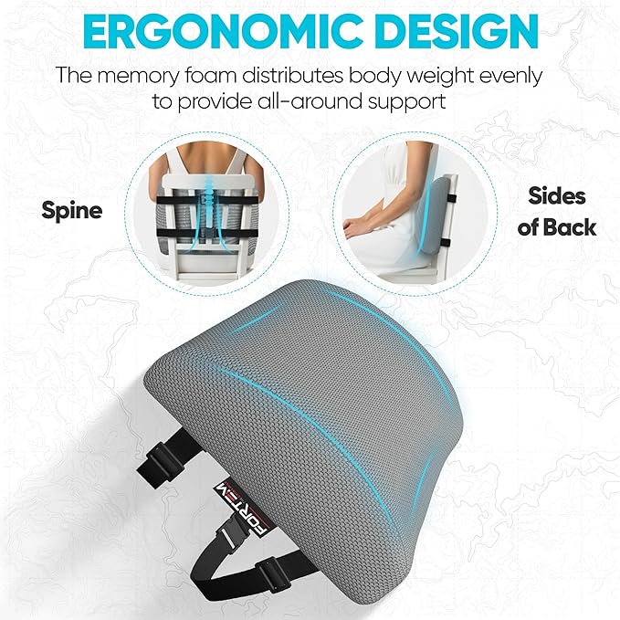 FORTEM Lumbar Support Pillow for Office Chair, Lumbar Support Pillow for Car, Back Rest for Gaming, Memory Foam Pillow, Desk Chair Cushion, Breathable & Washable Cover, Adjustable Straps
