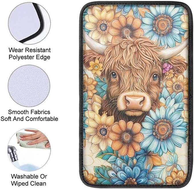 Suobstales Boho Mandala Highland Cattle Print Car Armrest Pad Soft Center Console Arm Rest Protector Cover Universal Car Interior Accessories Decoration