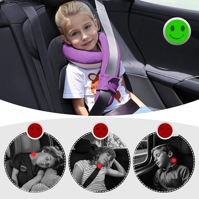 Kids Travel Neck Pillow, Toddler Travel Pillow for Car & Airplane and Head & Chin Support, Comfortably Travel Neck Pillow for Road Trip Sleeping, Gifts for Toddler/Kids (Deep Purple & Light Purple)