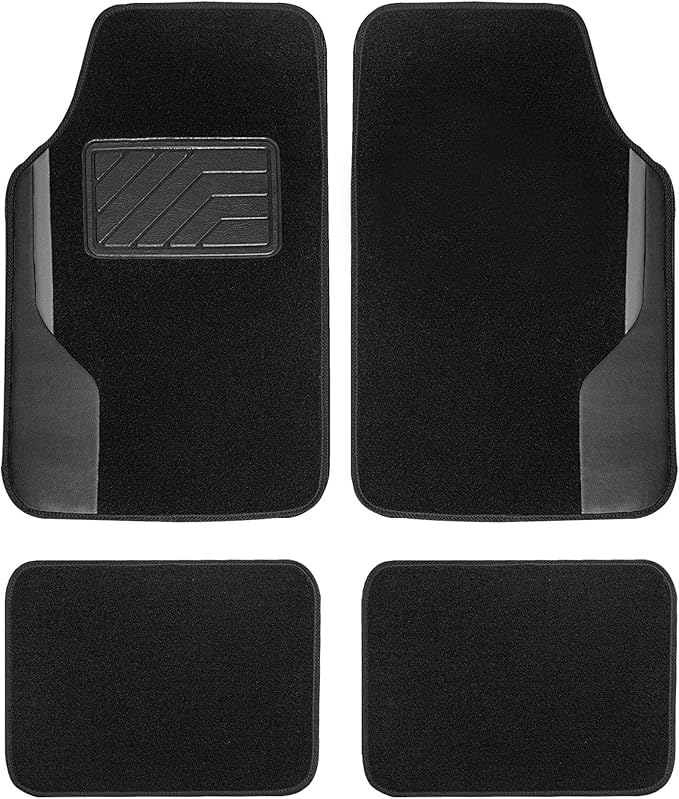 FH Group Color-Block Carpet Car Floor Mats – Non-Slip, Faux Leather Accents, Universal Fit for Sedan, SUV & Truck – Full Set Black