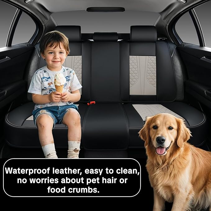 Black and Grey PU Leather Car Seat Covers - Luxury Waterproof Car Seat Covers with Lumbar Support, Non-Slip Base, Airbag Compatibility, Easy Installation and Cleaning