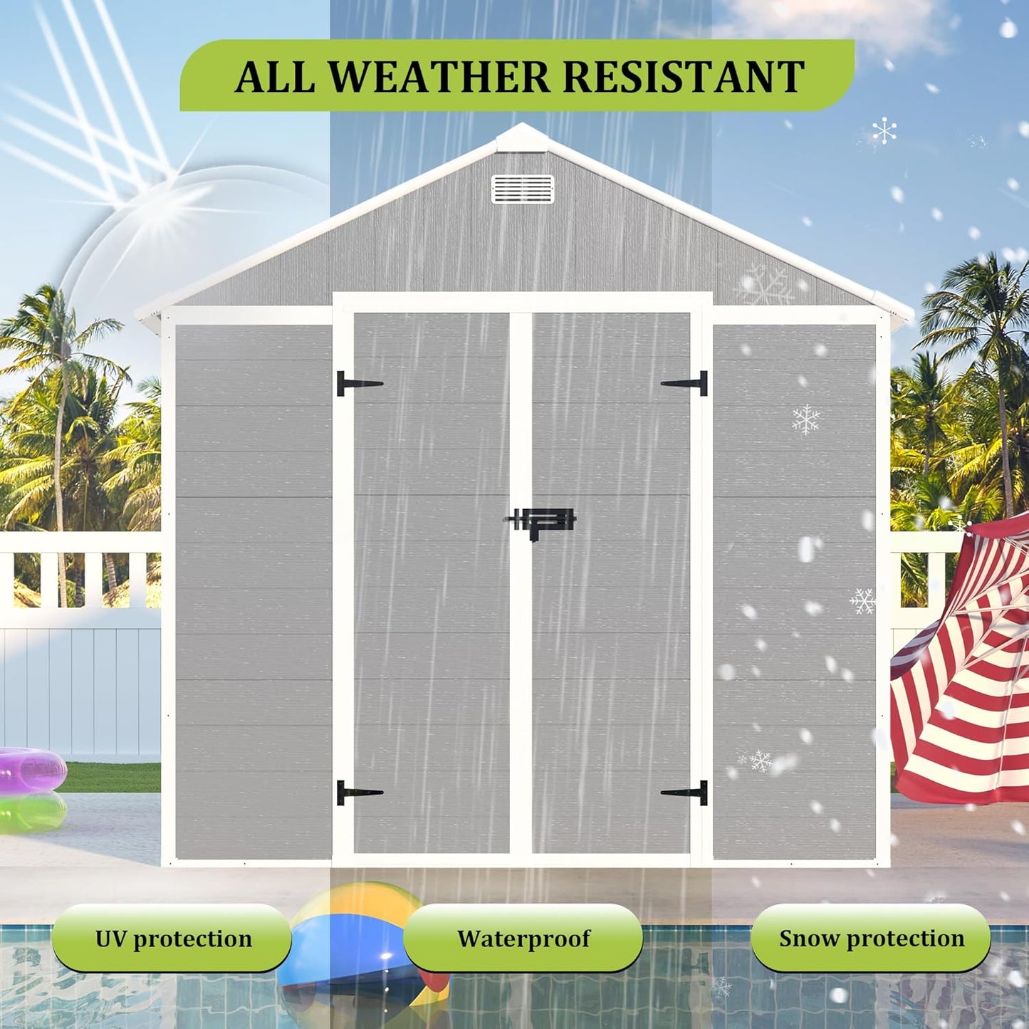 8x8 FT Outdoor Storage Resin Shed with Floor,Waterproof Plastic Garden Bike Shed with Lockable Door, Sloped Roof, Vents & Windows, Easy Assembly Tool Shed for Lawn, Backyard, Patio, Grey