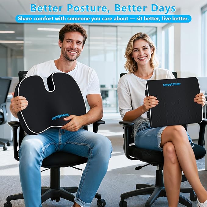 Memory Foam Seat Cushion & Lumbar Support Pillow Set – Extra Large Orthopedic Cushion for Office Chair, Car, Home. Enhanced Comfort & Tailbone Relief for Long Sitting Hour Black/X-Large