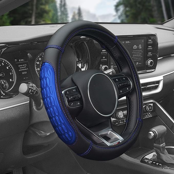 FH Group Universal Fit Ultra Grip Silicone and Faux Leather Steering Wheel Cover fits Most Cars, SUVs Blue