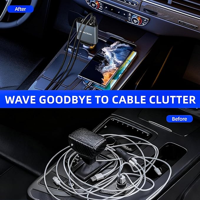 Retractable Car Charger Ultra-Slim, 65W Fast Car Charger with 31.5 inches and USB C+USB A Car Charging Block Cube Suitable for iPhone Samsung and Android