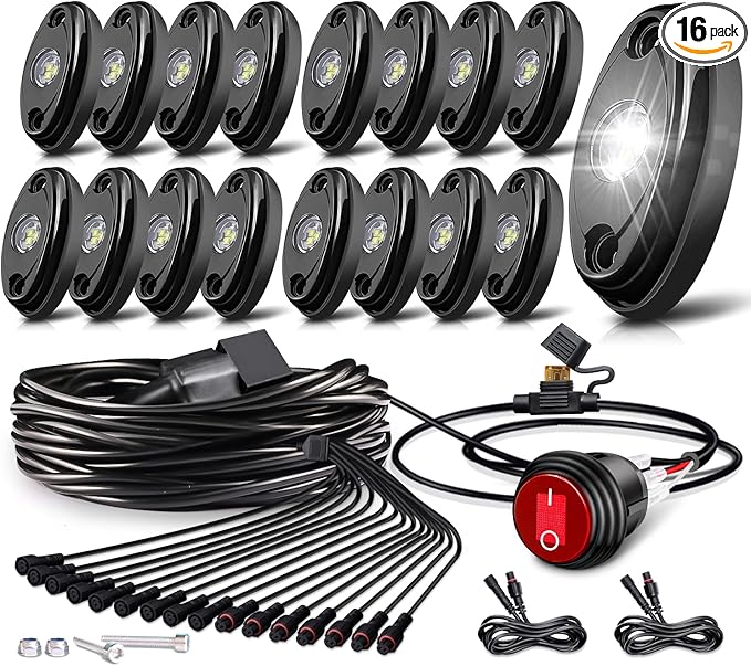 White Rock Lights,LEDMIRCY R1 LED Rock Lights Kit with Toggle Switch Wiring Harness 16PCS Luces para Carro for Trucks ATV UTV Under Glow Light High Power IP68 Waterproof