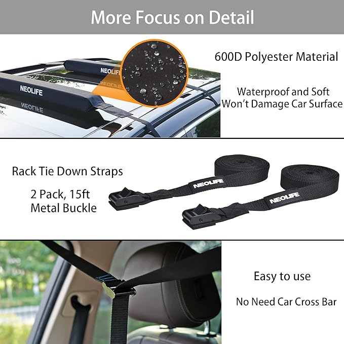 Soft Roof Rack Pads with Single Wrap-Rax Straps and Storage Bag, Universal Car Roof Rack for Surfboard, Kayak, SUP Paddleboard, Canoe, 28" (Pair)