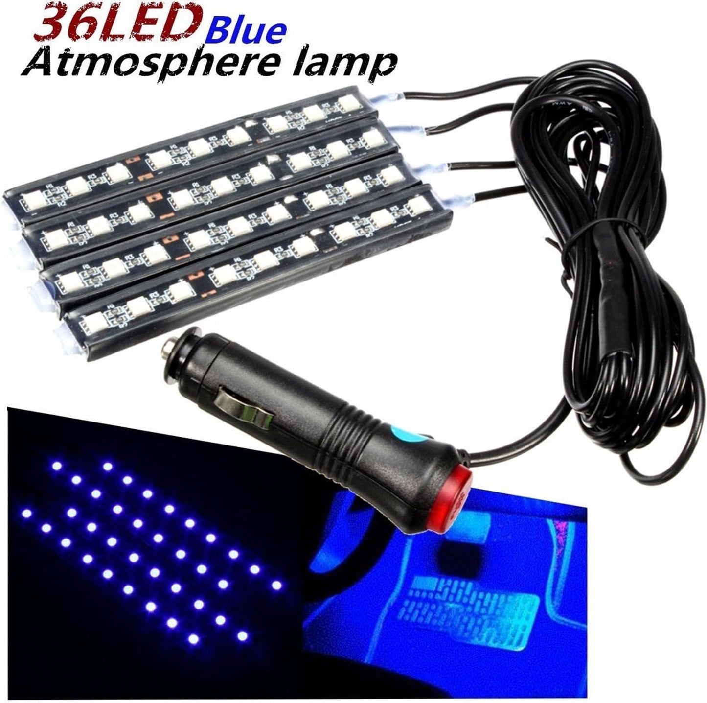 Car LED Strip Light, EJ's SUPER CAR 4pcs 36 LED Car Interior Lights Under Dash Lighting Waterproof Kit,Atmosphere Neon Lights Strip for Car,DC 12V(Blue)