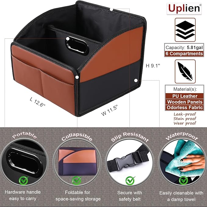 [2025 UPDATED] Leather Car Seat Organizer, Foldable Storage Box for Front Seat, Back Seats & Floor – Removable Divider, Metal Handle, Adjustable Anti-Slip Strap for Kids & Adults (Black & Brown)