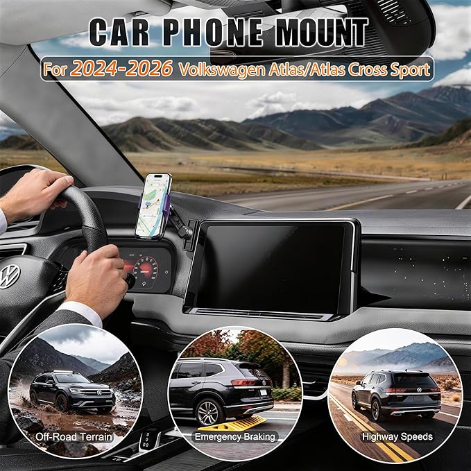 Car Phone Mount for 2024–2026 Volkswagen Atlas/Atlas Cross Sport, Smart Auto-Clamping on 12" Touchscreen, 15W Wireless Fast Charging, 360° Adjustable, Without Blocking Airflow