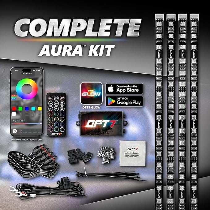 OPT7 Aura Pro Wheel Well Lights Kit with APP & Remote Control, 4pc 24" Waterproof LED Strips, Music Sync, RGB Multi-Color Modes Neon Tire Rim Lights for Car Truck SUV Van
