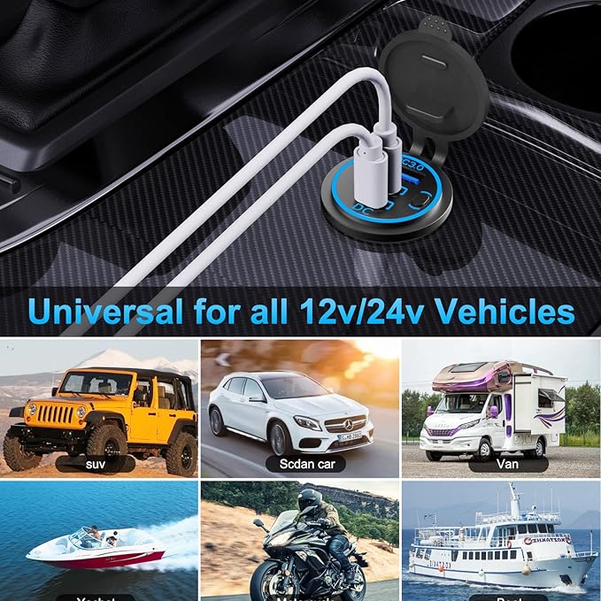 2 Pack 12V USB Outlet Wired Charger Multi Port, Dual PD3.0 USB-C and Quick Charge 3.0 Car Port Socket with Power Switch, Fast Charger for Cell Phone Tablet, Suitable for Car Boat RV Marine ATV