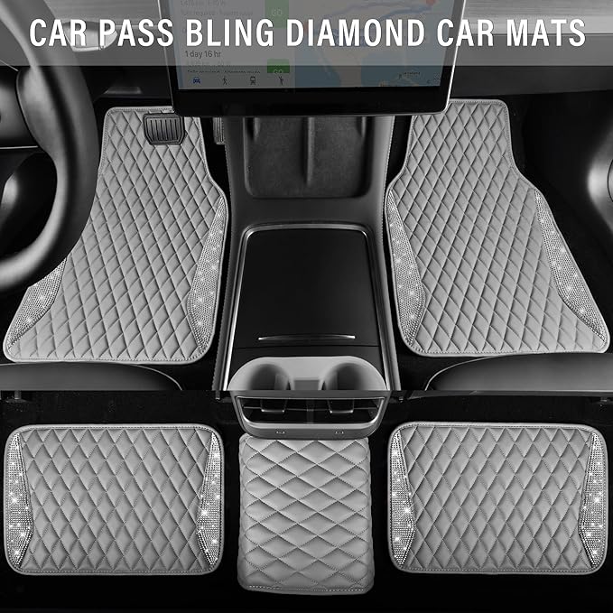 CAR PASS Bling Diamond Car Mats Gray Leather Floor Mats Sparkly Glitter Crystal Shining Rhinestone Carpet Anti-Slip Waterproof Pad Universal Fit for Automotive SUV Sedan Van 5pcs for Girl Women Gray