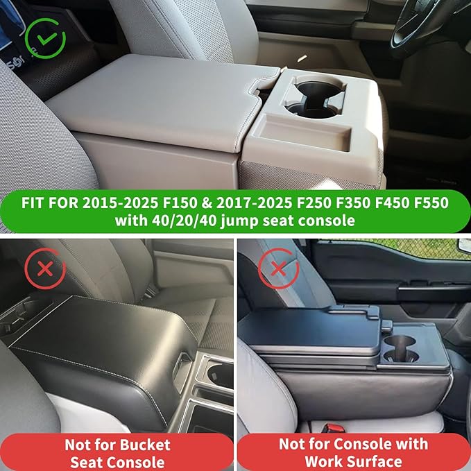 Xaido Center Console Cover Compatible with 2015-2024 2025 Ford F150 & 2017-2025 F250 F350 F450 with 40/20/40 Jump Seat, Leather Armrest Protector Pad (Jump Seat Only)