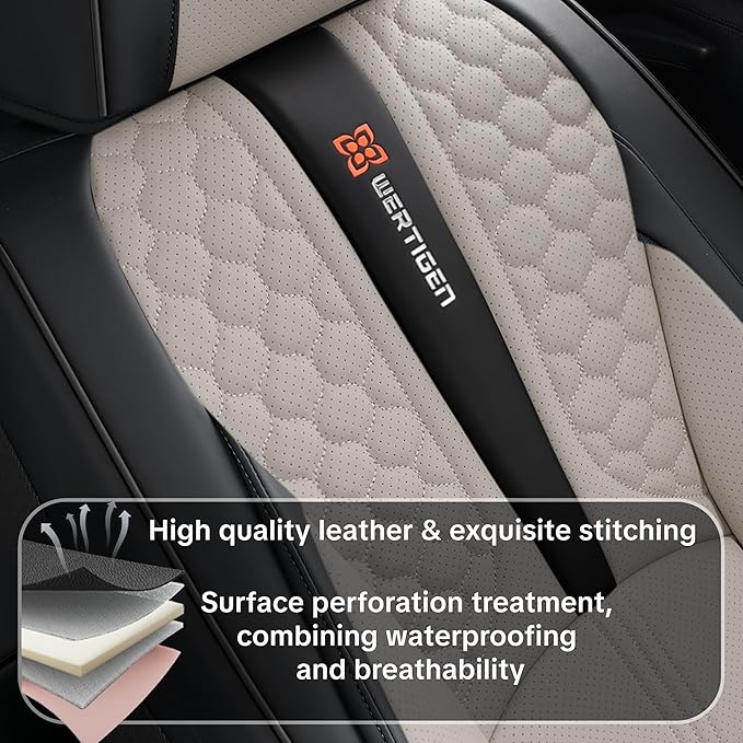 Black and Grey PU Leather Car Seat Covers - Luxury Waterproof Car Seat Covers with Lumbar Support, Non-Slip Base, Airbag Compatibility, Easy Installation and Cleaning