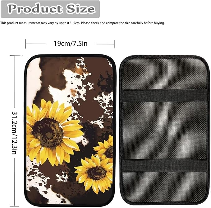 Sunflower Car Armrest Cover Protector Brown Cow Print Auto Center Console Cover Pad,Car Armrest Seat Box Cover Cushion Car Accessories Decor Universal for Most Car Sedan SUV