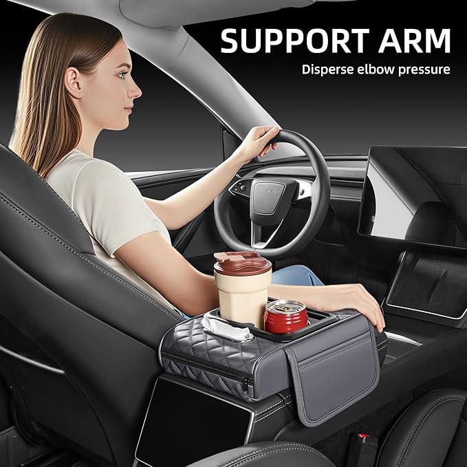 5 in 1 Car Center Console Cover, Armrest Pad with 2 Storage Pockets, Cup Holder, Tissue Box Slot, Phone Holder, Universal Car Interior Organizer (Gray)
