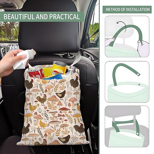 Cute Car Trash Can, Hanging Canvas Car Back Seat Organizer and Storage Bag, Funny Car Trash Bag For Travelling, Outdoor Cute Brown Mushroom Chicken