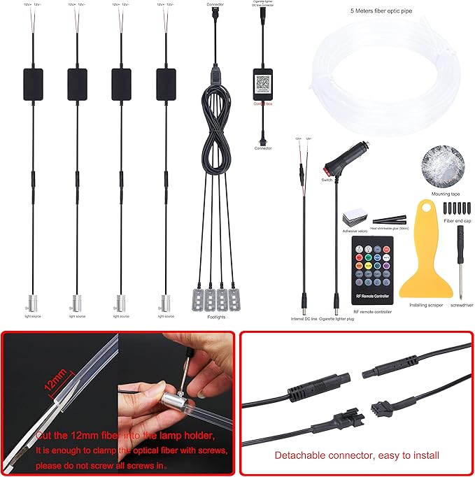 64 Colors Car Ambient Lighting Fiber Optic RF Remote + APP Control Multicoloured Music Car Atmosphere Decorative Lighting Kit 1W DC 12V-24V 5m