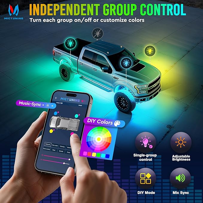 MICTUNING Q2+ MAX RGB+IC Rock Lights - 12 Pods Multi-Color DIY Effect Underglow Neon Kit, Individual Group Control, APP Music Sync, IP68 Waterproof