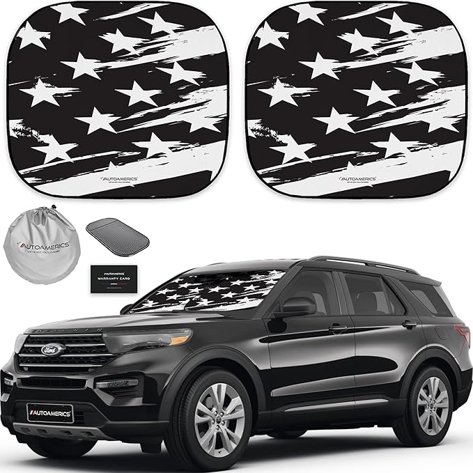 Autoamerics 2-Piece Windshield Sun Shade - B&W USA Flag Foldable Car Front Window Sunshade for Most Cars SUV Truck Heat Blocker Visor Protector Blocks Max UV Rays and Keeps Your Vehicle Cool - Medium