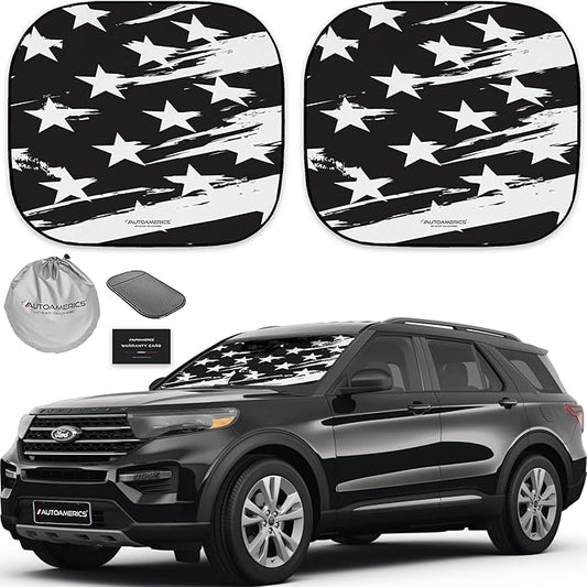 Autoamerics 2-Piece Windshield Sun Shade - B&W USA Flag Foldable Car Front Window Sunshade for Most Cars SUV Truck Heat Blocker Visor Protector Blocks Max UV Rays and Keeps Your Vehicle Cool - Medium
