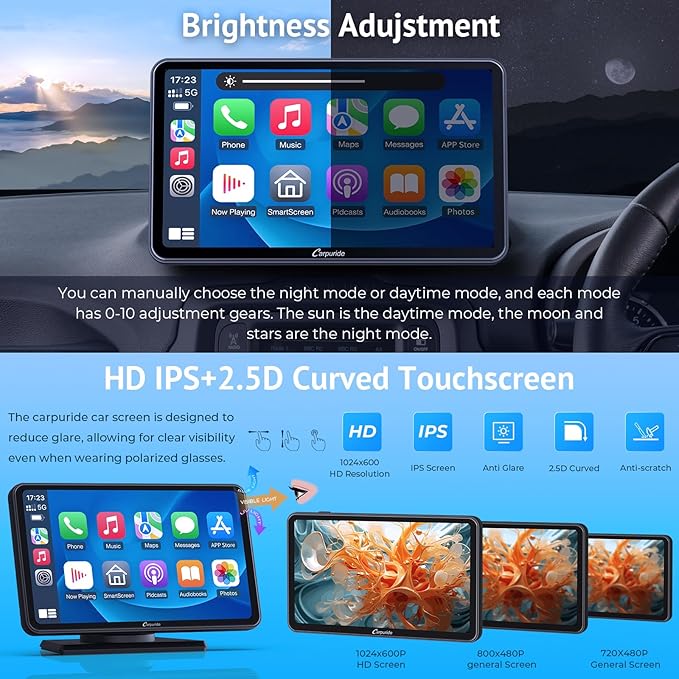 Carpuride Portable Wireless CarPlay Screen for Car- 7 Inch Car Play Screen Compatible with Android Auto and Apple CarPlay - Multimedia Player, Bluetooth, Navigation Screen for All Vehicles