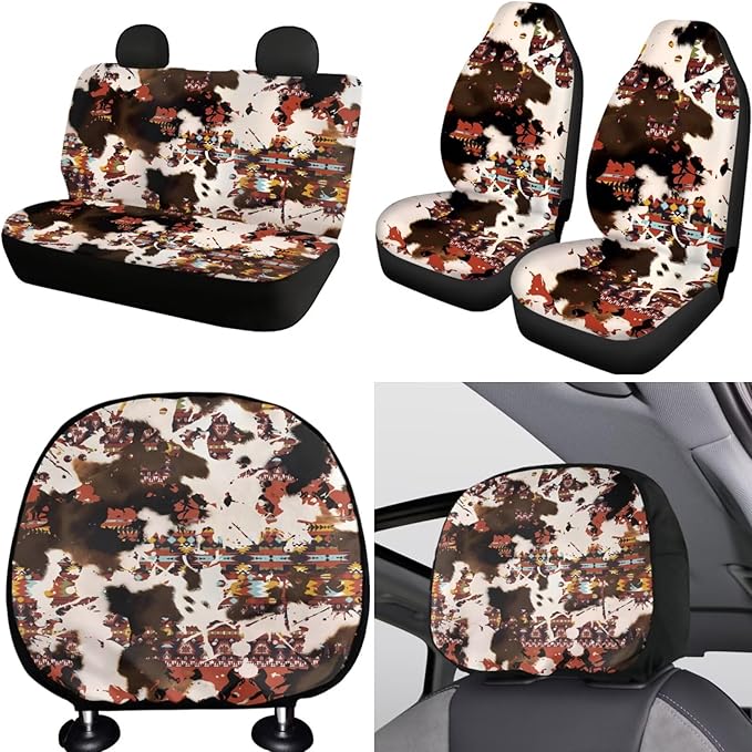 FKELYI Cow Aztec Car Seat Cover Set - Full Set with Handbrake, Gear Shifter, Steering Wheel, Seat Cushions, Headrest Covers and Cup Coasters