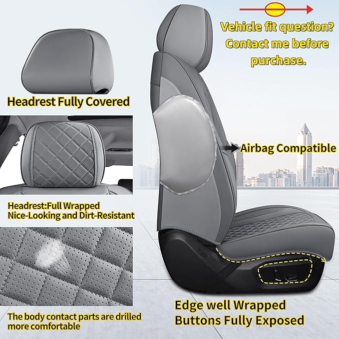 Chezope Car Seat Covers Full Set, Grey Leather Seat Covers, Breathable Front and Back Car Seat Protectors, Wear-Resistant Seat Covers Universal Fit for Most Cars SUV Truck (Grey-Diamonds, Full Set)