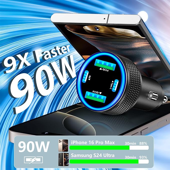USB C Car Charger, Stuffcool 90W Dual USB-C & USB-A Car Power Adapter 4-Port PD/QC Type C Fast Charge Cigarette Lighter Carplay Charger for iPhone 17 17 Pro Max 16 15 14 13 12 11/Galaxy S26 S25/Pixel