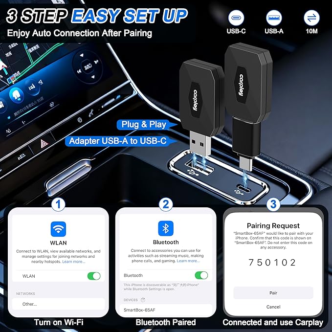 Wireless CarPlay Adapter for iPhone – Converts Wired to Wireless CarPlay for Android Auto with Fast Stable 5.8GHz & Bluetooth Connect & Plug and Play USB & USB-C – No Delay Apple CarPlay, Black