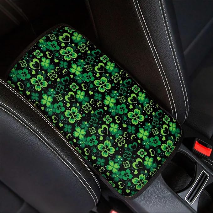 UNICEU St Patrick's Day Decor Automobile Interior Decor Lucky Green Leaf Print Armrest Cover for Women, Soft Car Center Console Armrest Protector Cover Pad