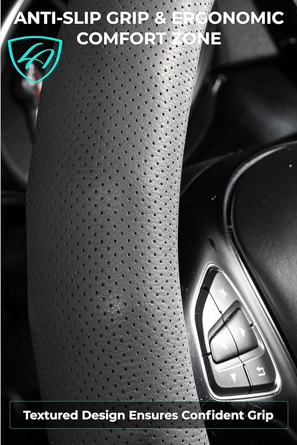 Lord Autofashion Steering Wheel Cover – PU Leather, Non-Slip Rubber Inner, All-Season Comfort – 14.5–15 Inch (Grey 8571)