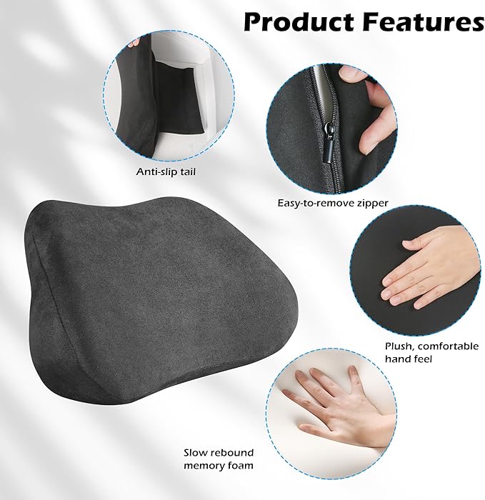 Lumbar Support Pillow for Car, Ergonomic Memory Foam Back Cushion for Driving, Seat Office Chair, Gaming Chair, Lower Back Support for Back Pain Relief, Black, 2 Pack