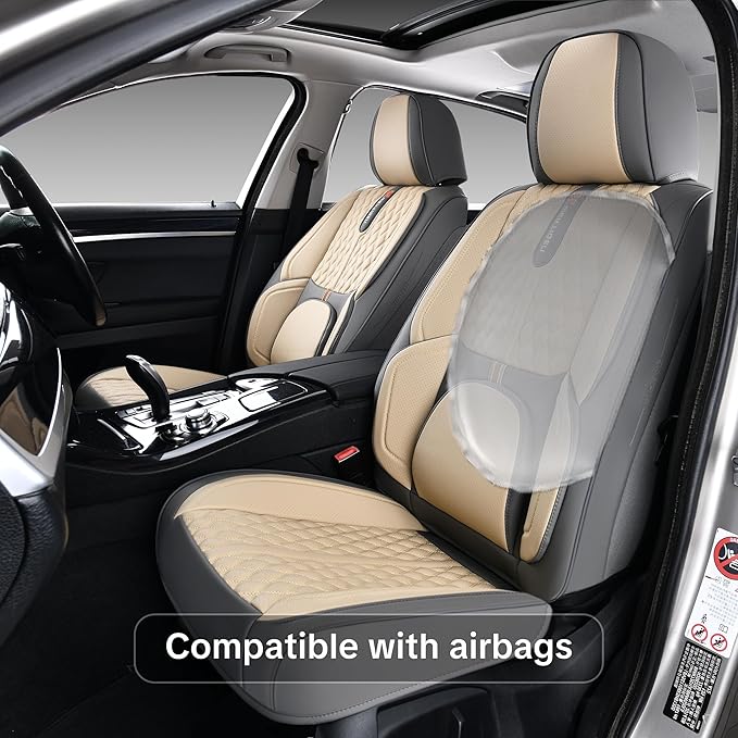 Car Seat Cover Set, Khaki Seat Covers, Automotive Interior Accessories, with Lumbar Support, Premium Nappa Leather, Protect and Upgrade Your Car Interior, Fits Suvs, Pickups, Sedans