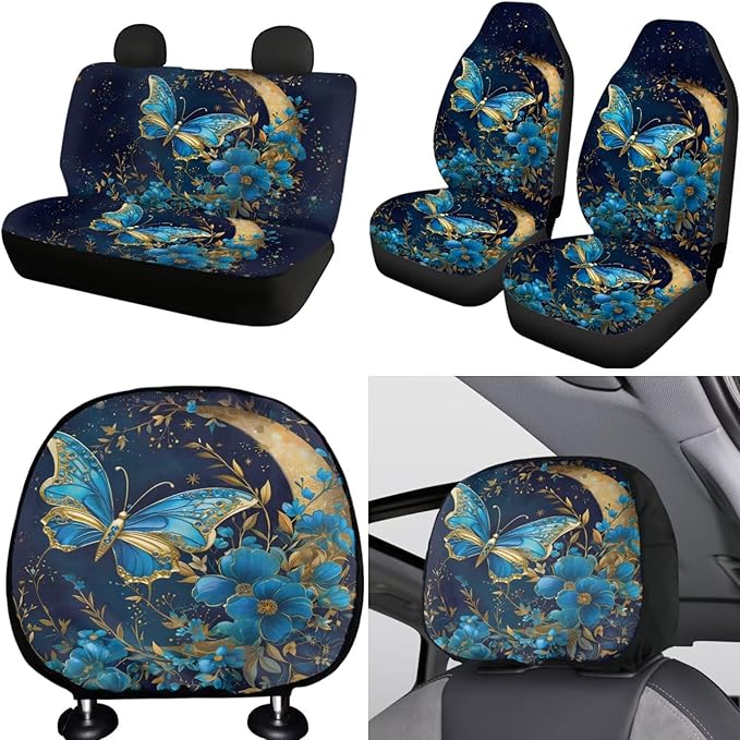 FKELYI Floral Butterfly Car Interior Set - 10 Pack Cushions, Headrests, Gear Shifter, Handbrake & Steering Wheel Covers with Cup Coasters