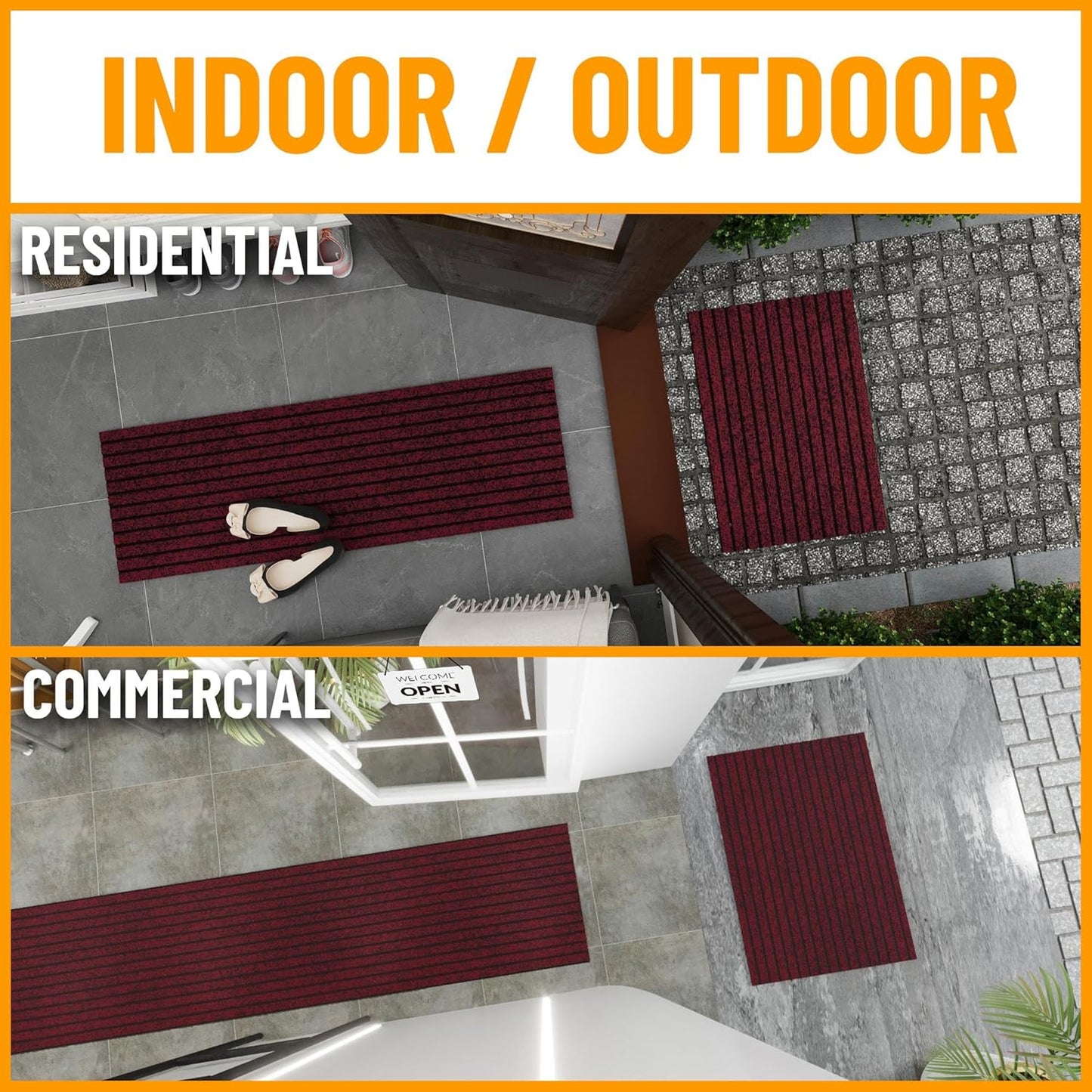 Ottomanson 2'7" x 7' Hallway Runner with Scraper Pile Extra Durable Non-Slip Rug Mat for Indoor & Outdoor Use - Ideal for Kitchen, Entryway, Patio & Garage - High-Traffic Carpet, Red