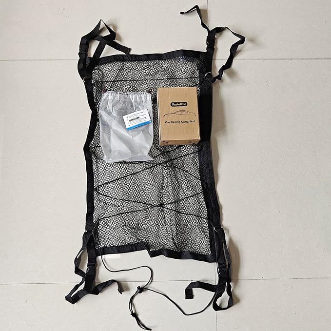 Kaskawise Car Ceiling Cargo Net, 31"x21" Adjustable Double-Layer Mesh SUV Roof Organizer, Van Life Accessories for Long Trip, Car Camping Essentials, Road Trip Must-Haves for Overhead Storage