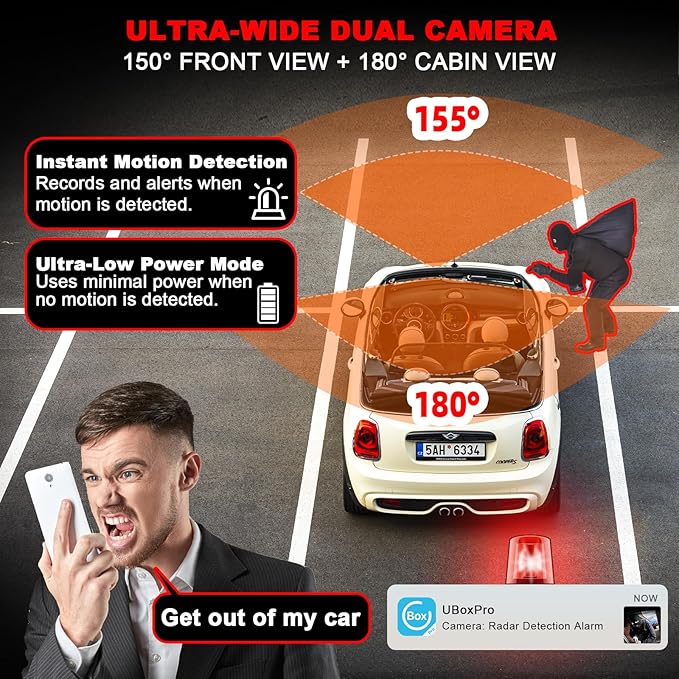 4G LTE Dash Cam with Live Streaming, Car Vandalism Surveillance Security Camera with Dual 155° Front & 180° Inside Camera, GPS Tracking, Radar Detect, G-Sensor, OBD II, 24/7 Parking Monitor