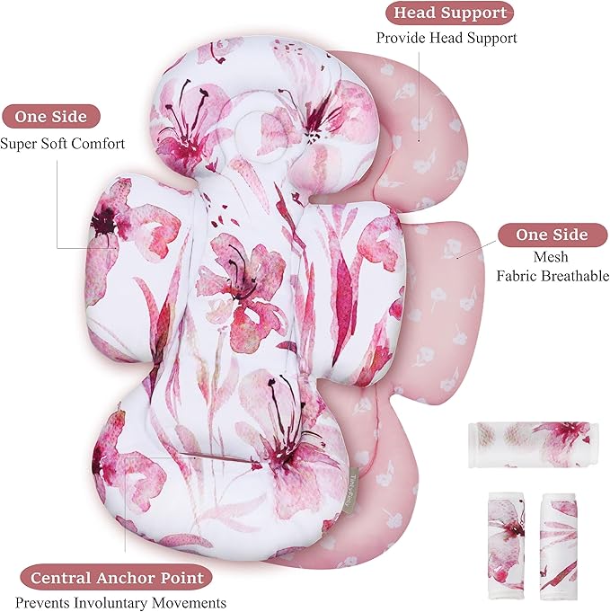 Newborn Car Seat Insert, Head and Body Support, Reversible Infant Insert Compatible with Baby Carseat, Stroller, Mamaroo Swing, Rocker, Bouncer. Baby Car Seat Cushion - Pink Floral