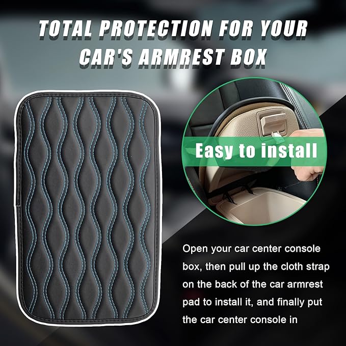 Car Center Console Pad, Waterproof Auto Armrest Seat Box Cover, PU Leather Arm Rest Protector Cushion Pad, Universal Vehicle Interior Protection Accessories for Car SUV (Black & Blue)