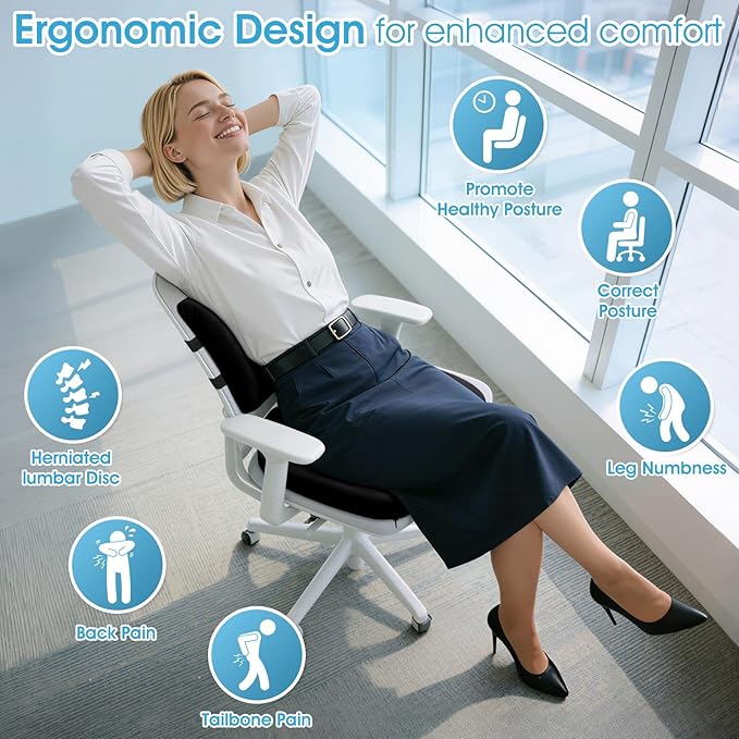 Ergonomic Seat Cushion & Lumbar Support Pillow - Memory Foam for Sciatica Pain Relief & Posture Correction, Non-Slip Chair Cushions for Office Chair/Car/Wheelchair/Travel (Black)