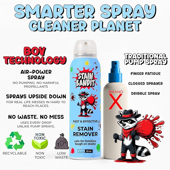 Stain Remover Spray | Non-Toxic Stain Remover Family Safe Formula | Bag-On-Valve 360° Continuous Spray Bottle | Cleaner for Clothes, Upholstery, Carpet & Car Seats 4.2 Oz, (Pack of 1)