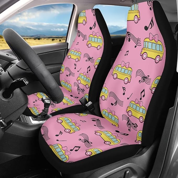 Car Seat Covers 2 Pcs Breathable School Bus Pink Car Seat Cover Stretch Polyester Fabric Cover Removable Automotive Accessories Universal Fit for Most Cars,SUV, Trucks